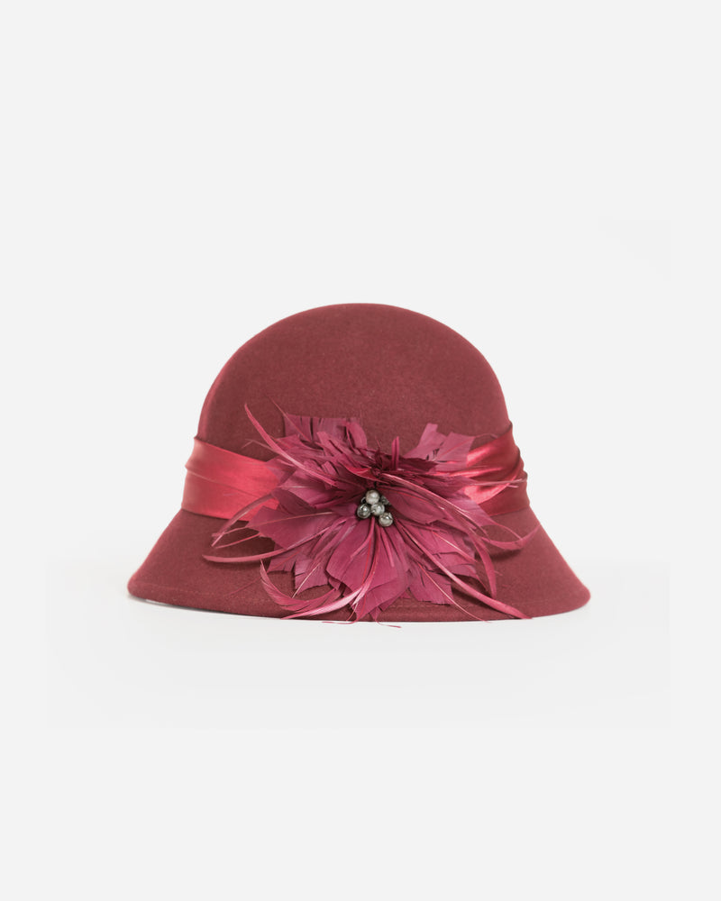 Wool Cloche Hat with Feather Flower