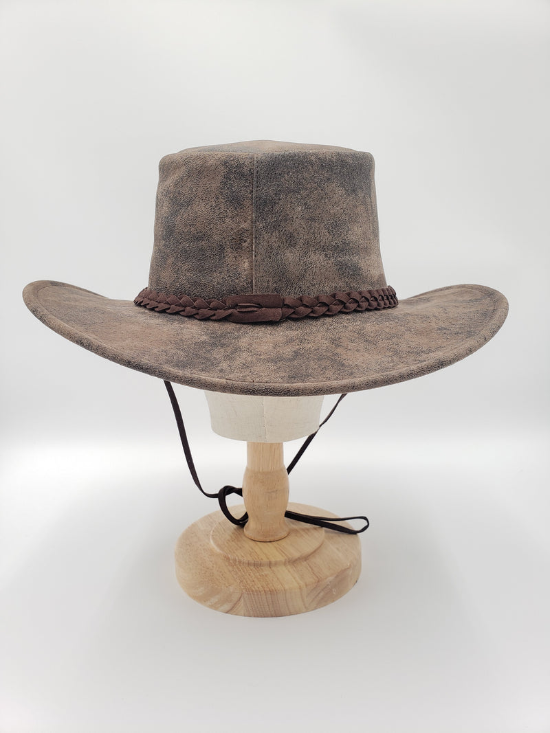 Brown Distressed Pigskin Leather Aussie Hat
