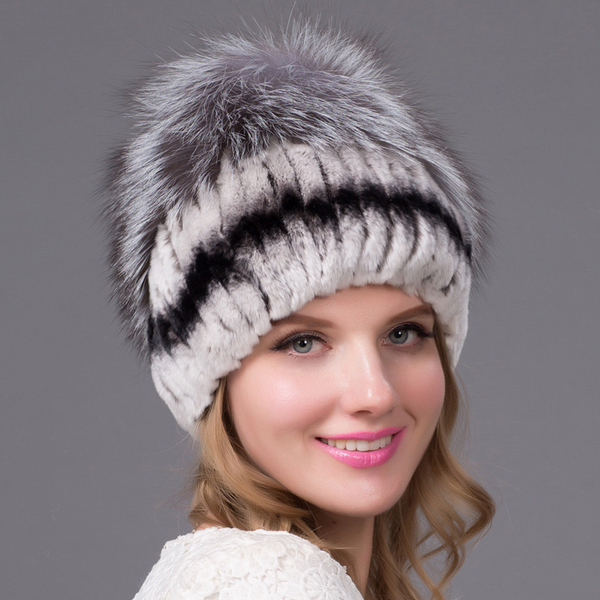 Rex Rabbit Stretch Hat with Fox Fur Top