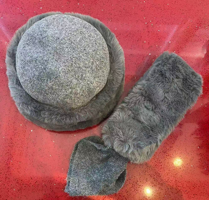 Faux Fur Trim Pillbox Wool Hat /Scarf Set