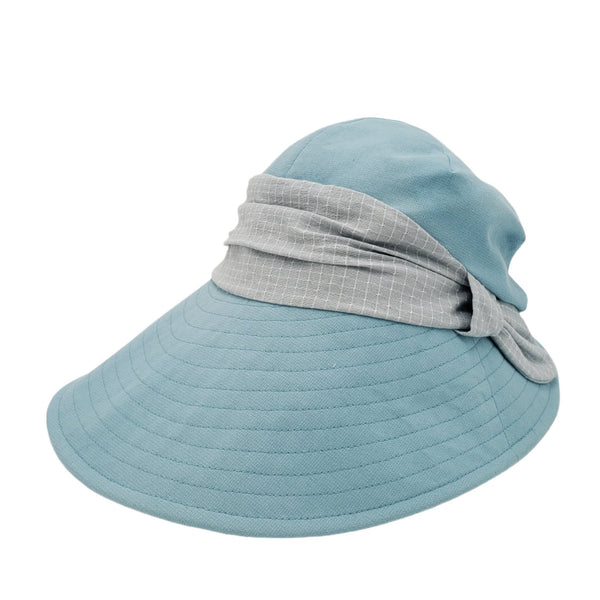 Long Brim Short-back Cotton Sunhat with Checkered Band