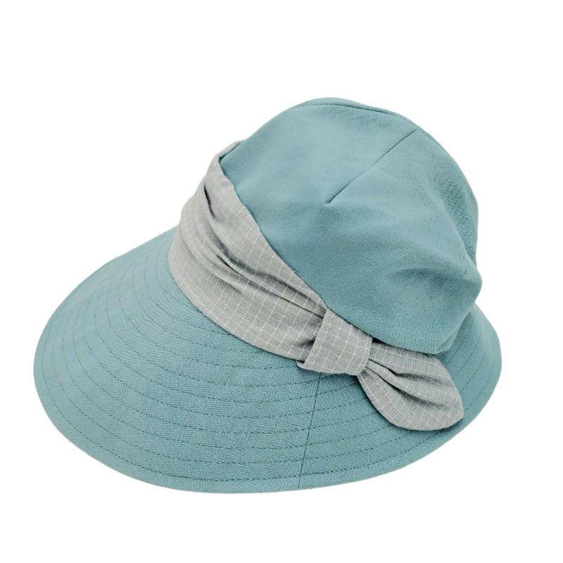 Long Brim Short-back Cotton Sunhat with Checkered Band